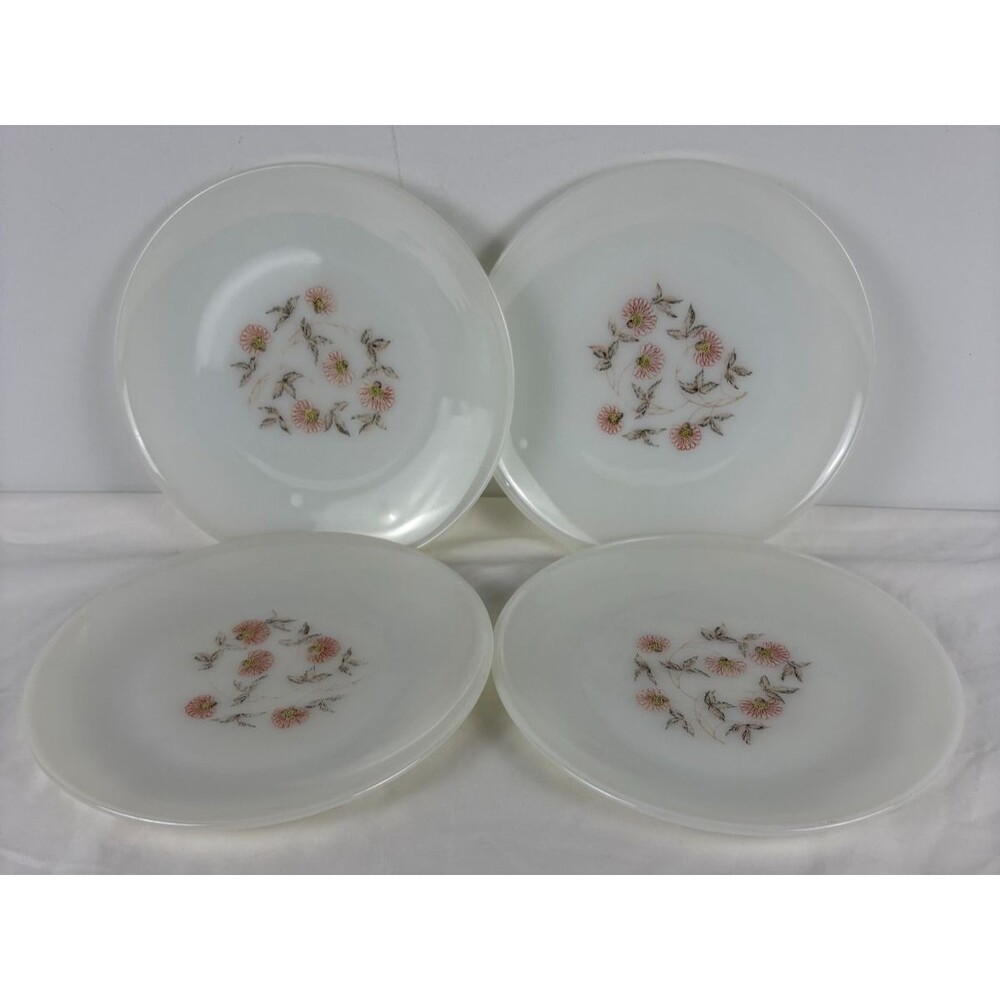 Vintage Fire King Fleurette 9" Dinner Plates Set of 4 Pink Floral Milk Glass